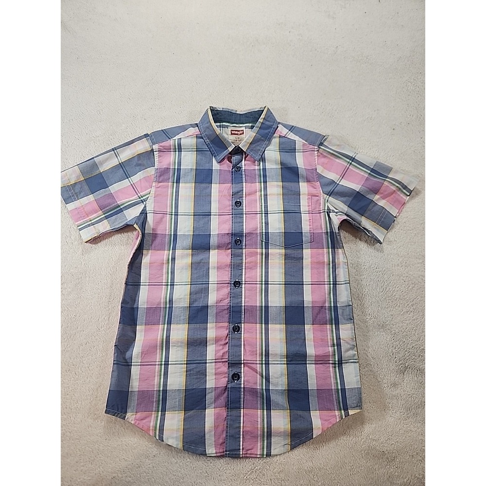 Boys Wrangler Plaid Short Sleeve Shirt L 10-12 Button‎ Up Pink And Blue